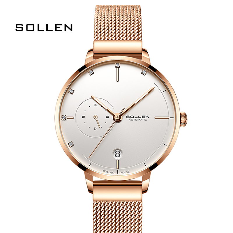 Stainless Mesh Band - Sollen-relógios mecânicos automáticos femininos à prova